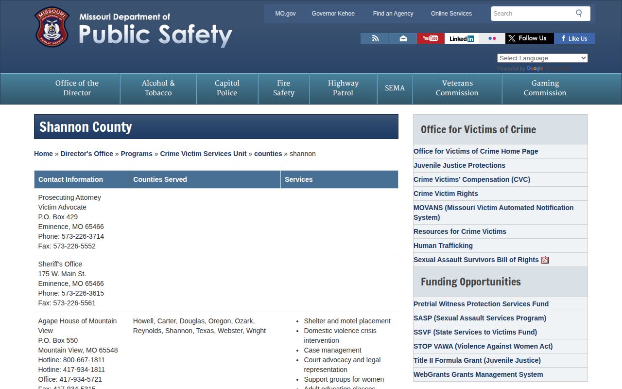 Official Missouri DPS Shannon County Sheriff contact information