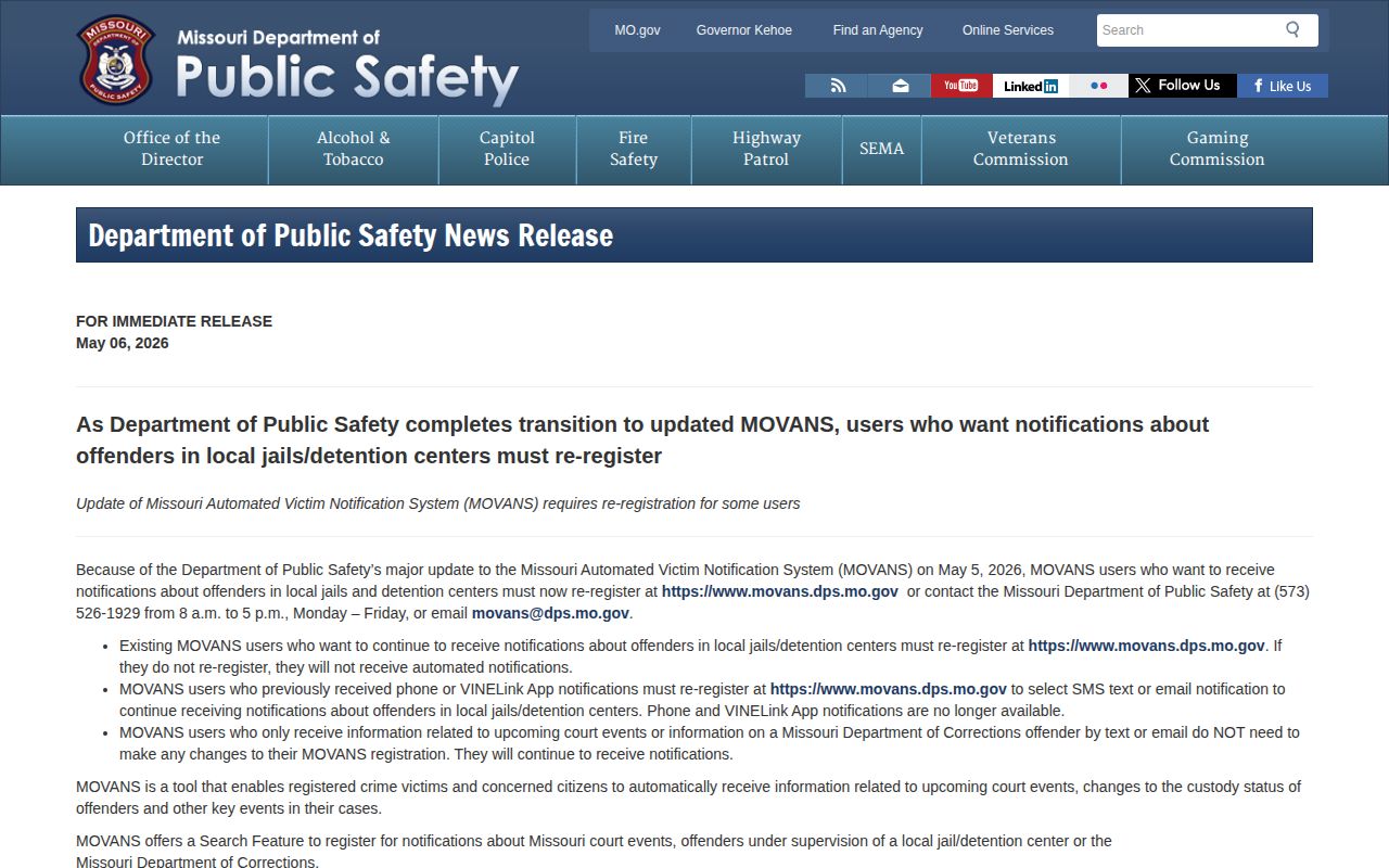 Missouri DPS notice about the 2026 local jail MOVANS transition