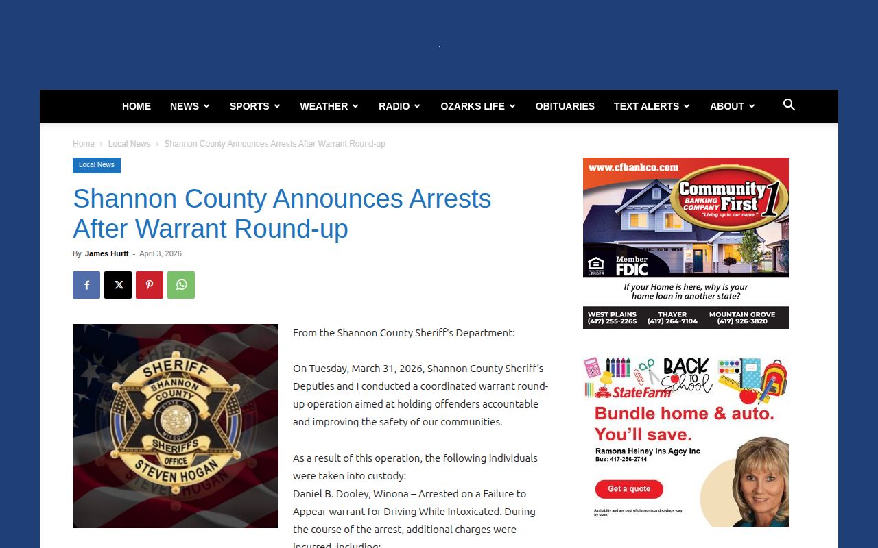 Shannon County news interface for a reported Winona-area arrest operation