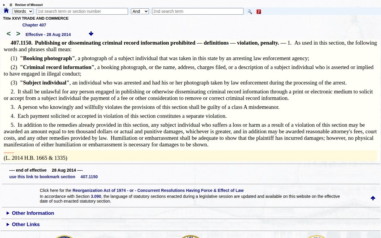 Official Missouri statute prohibiting pay-for-removal conduct involving arrest photographs